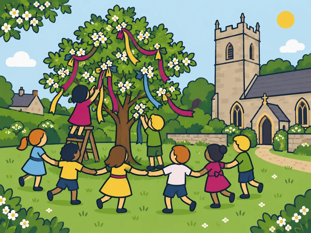 Illustration: children decorating a hawthorn with flowers and ribbons beside the village church