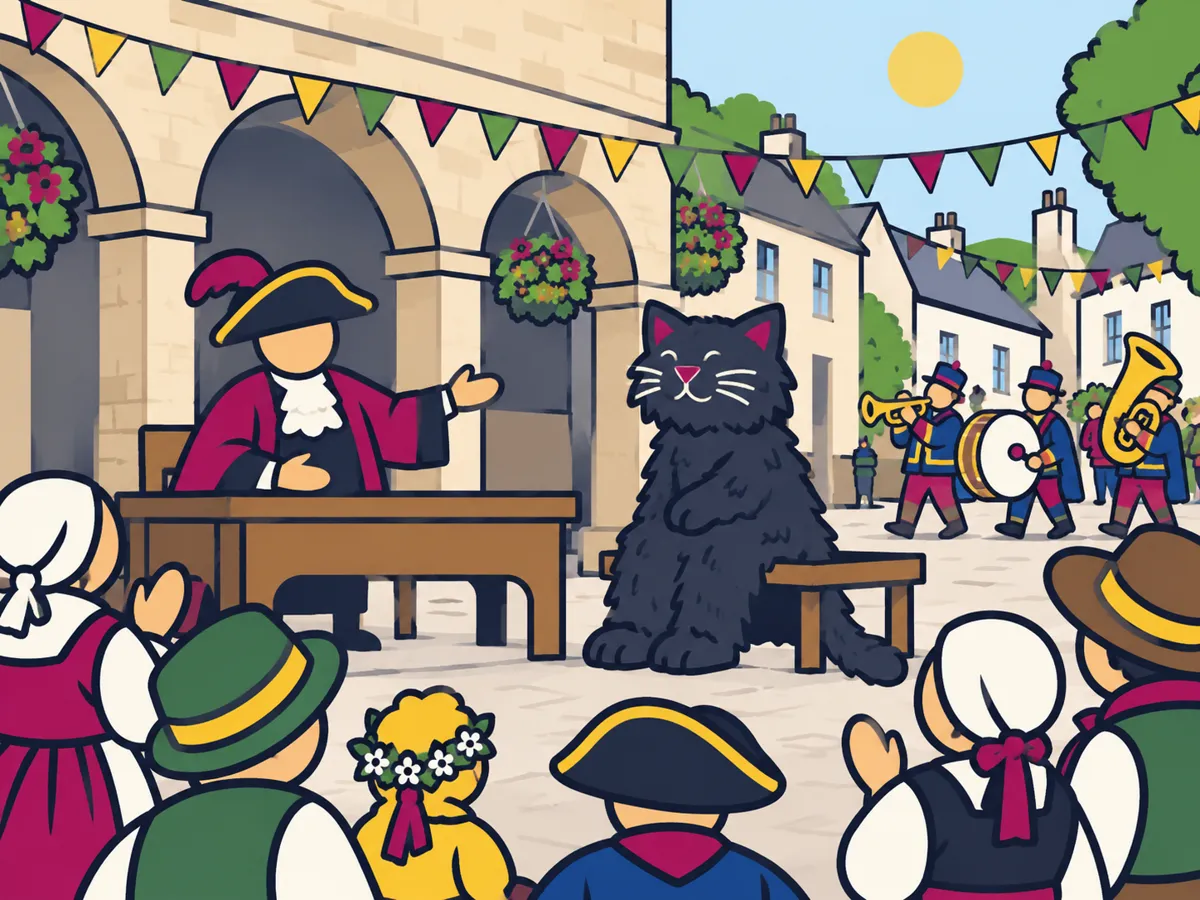 Illustration: a friendly costumed Beast faces a theatrical mock trial beside Bodmin’s market arcade
