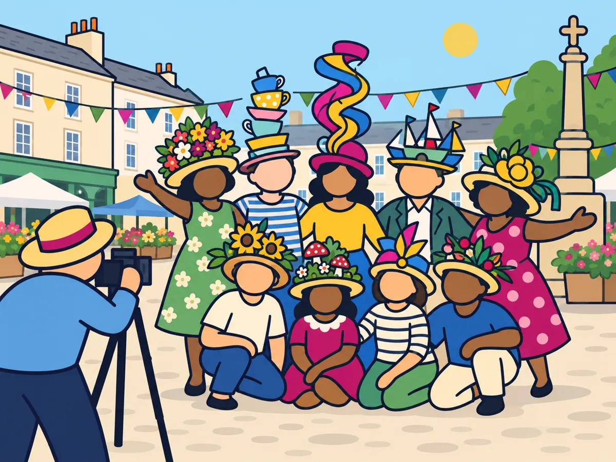 Illustration: festival visitors in elaborate handmade hats posing for a photograph in Bridport’s town square
