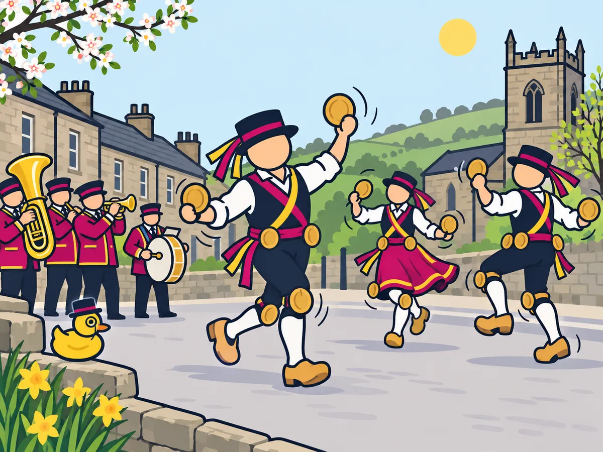 Illustration: the duck watching traditional dancers tapping wooden discs beside a brass band