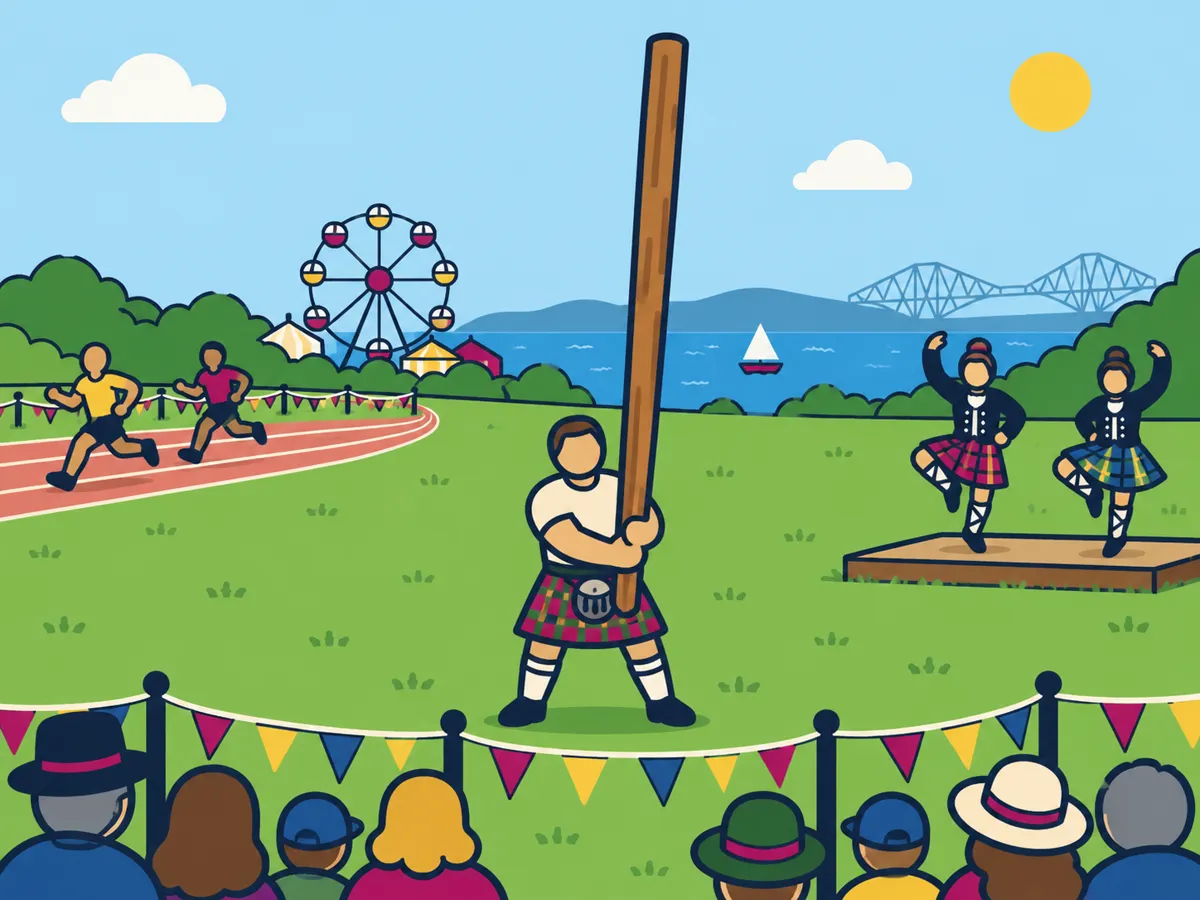 Illustration: a caber competitor, runners and Highland dancers at Burntisland’s seaside games