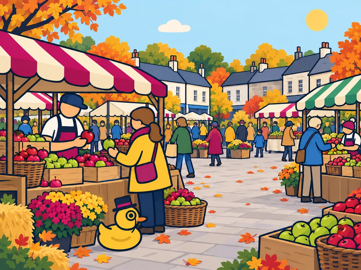 Illustration: Site duck watches shoppers browsing apple boxes and baskets at Castlederg’s autumn fair.