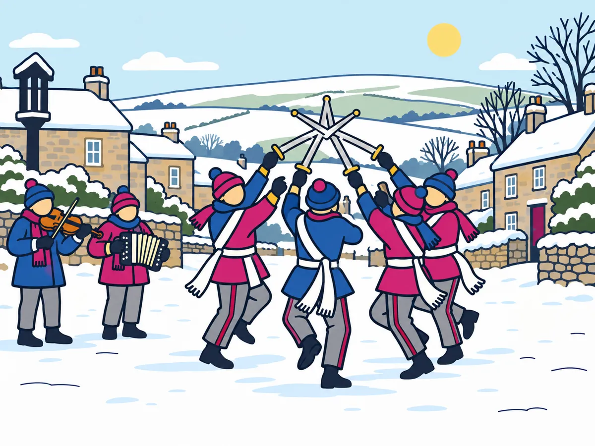 Illustration: longsword dancers holding linked swords in a star shape