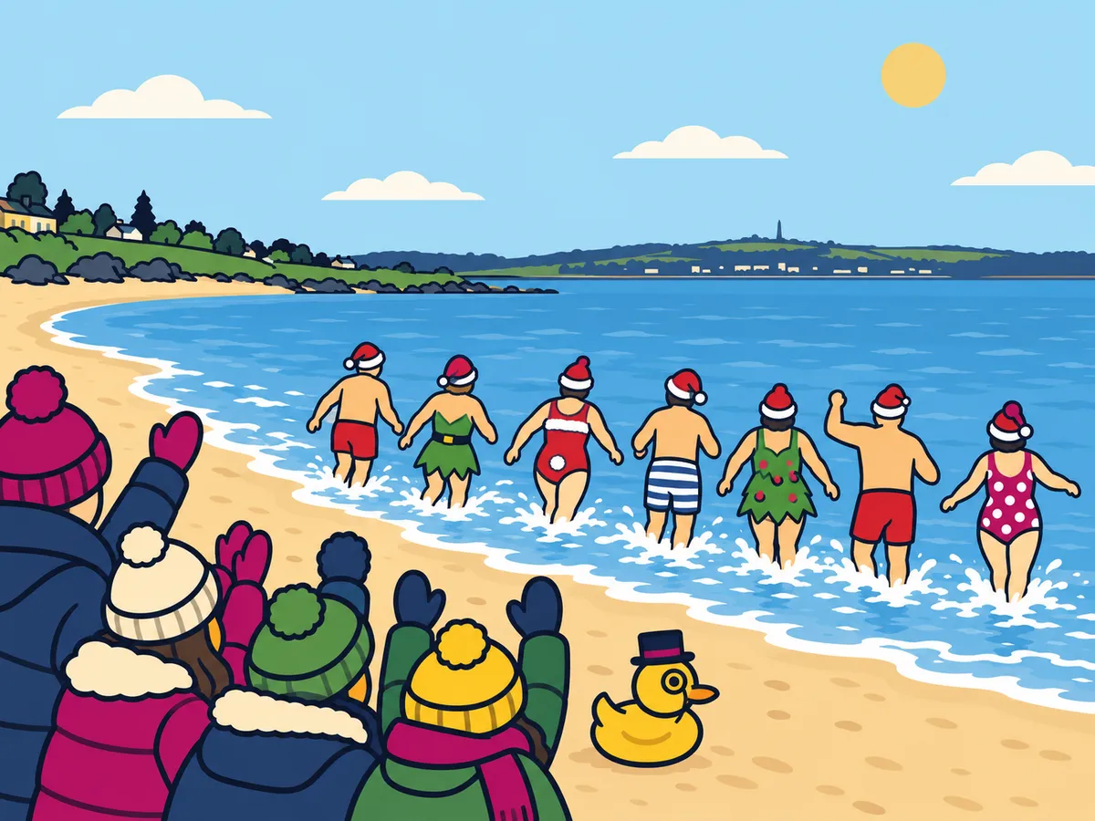 Illustration: Duck watches festive swimmers enter Belfast Lough as supporters cheer from Helen’s Bay beach.