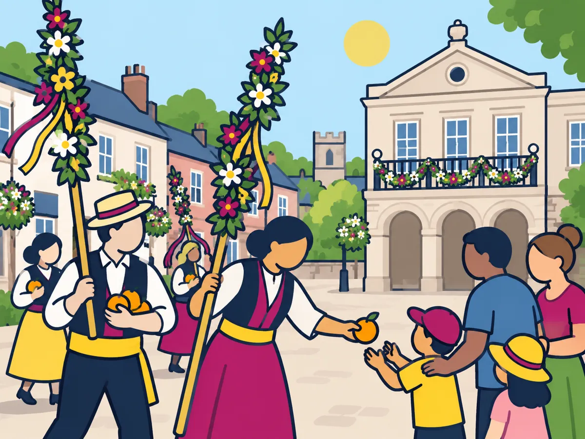 Illustration: flower-pole bearers offering oranges to families on a town street