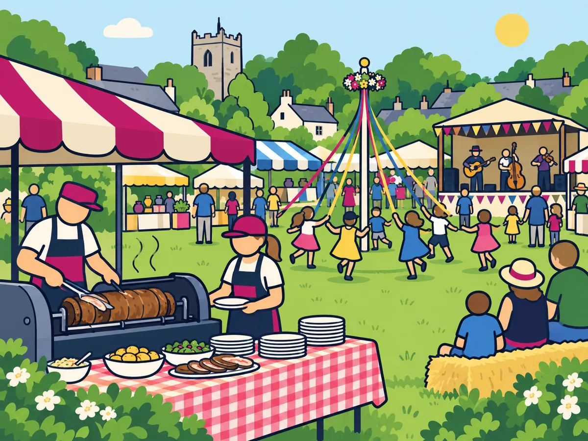 Illustration: volunteers serving roast food beside maypole dancing and stalls at Kingsteignton’s spring fair
