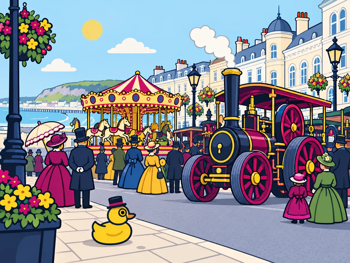 Illustration: the duck watching a traction engine and Victorian-costumed visitors in Llandudno