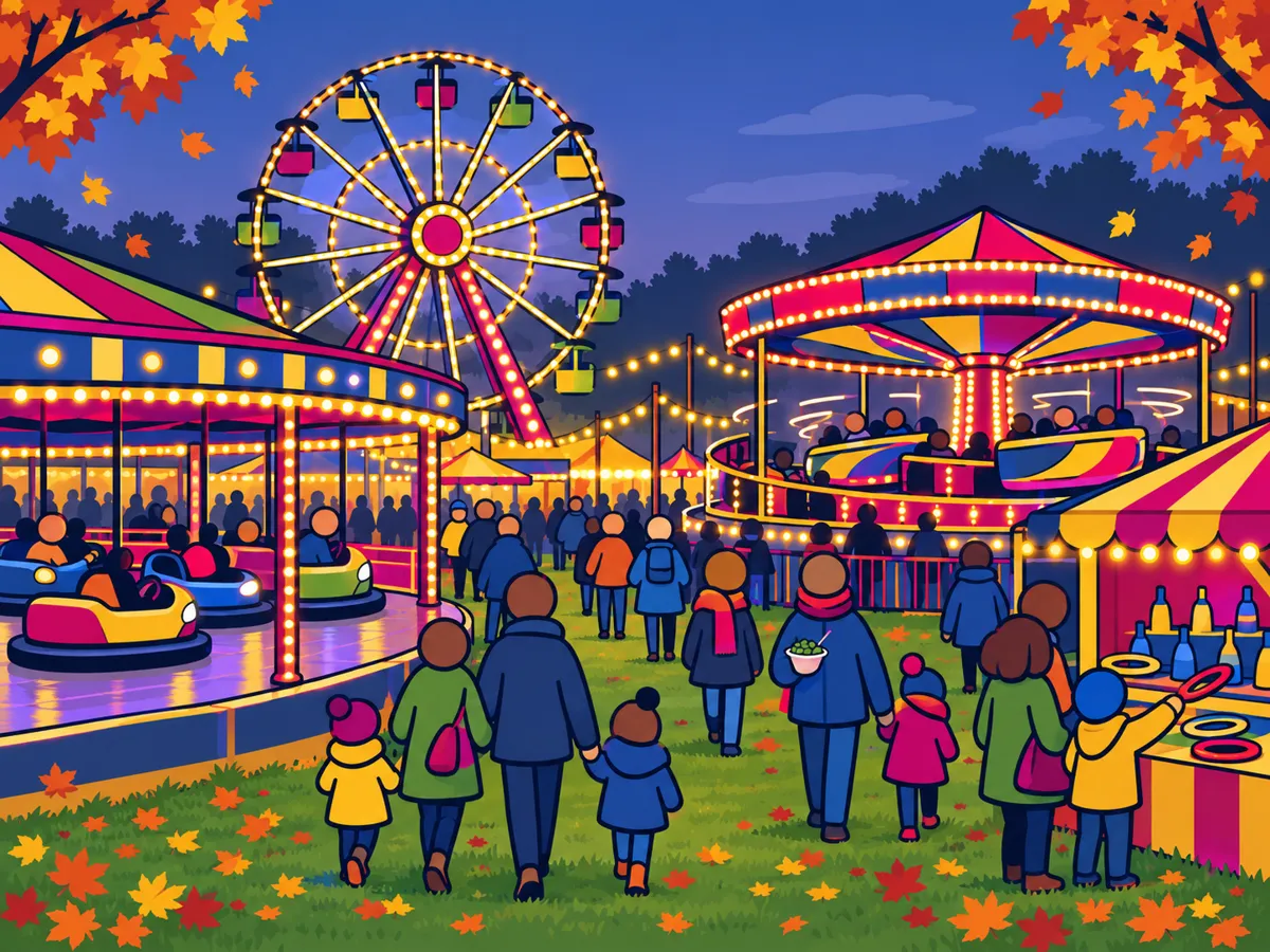 Illustration: families enjoying illuminated rides, a big wheel and side-show games at Nottingham Goose Fair