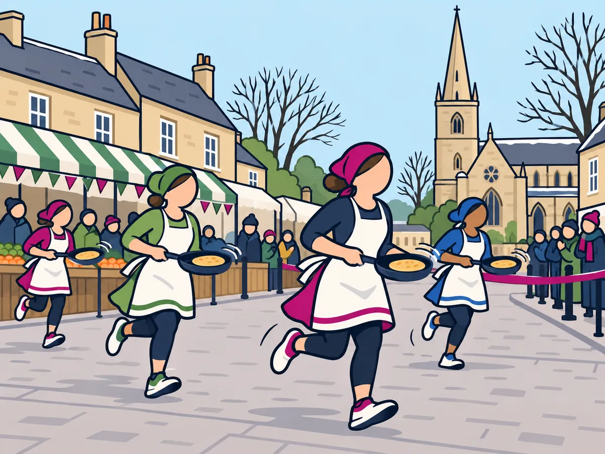 Illustration: runners carrying frying pans and pancakes through a small town