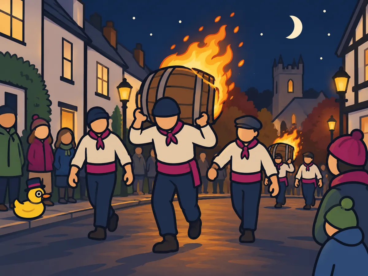 Illustration: the duck watching experienced barrel carriers moving a flaming barrel along a cleared street