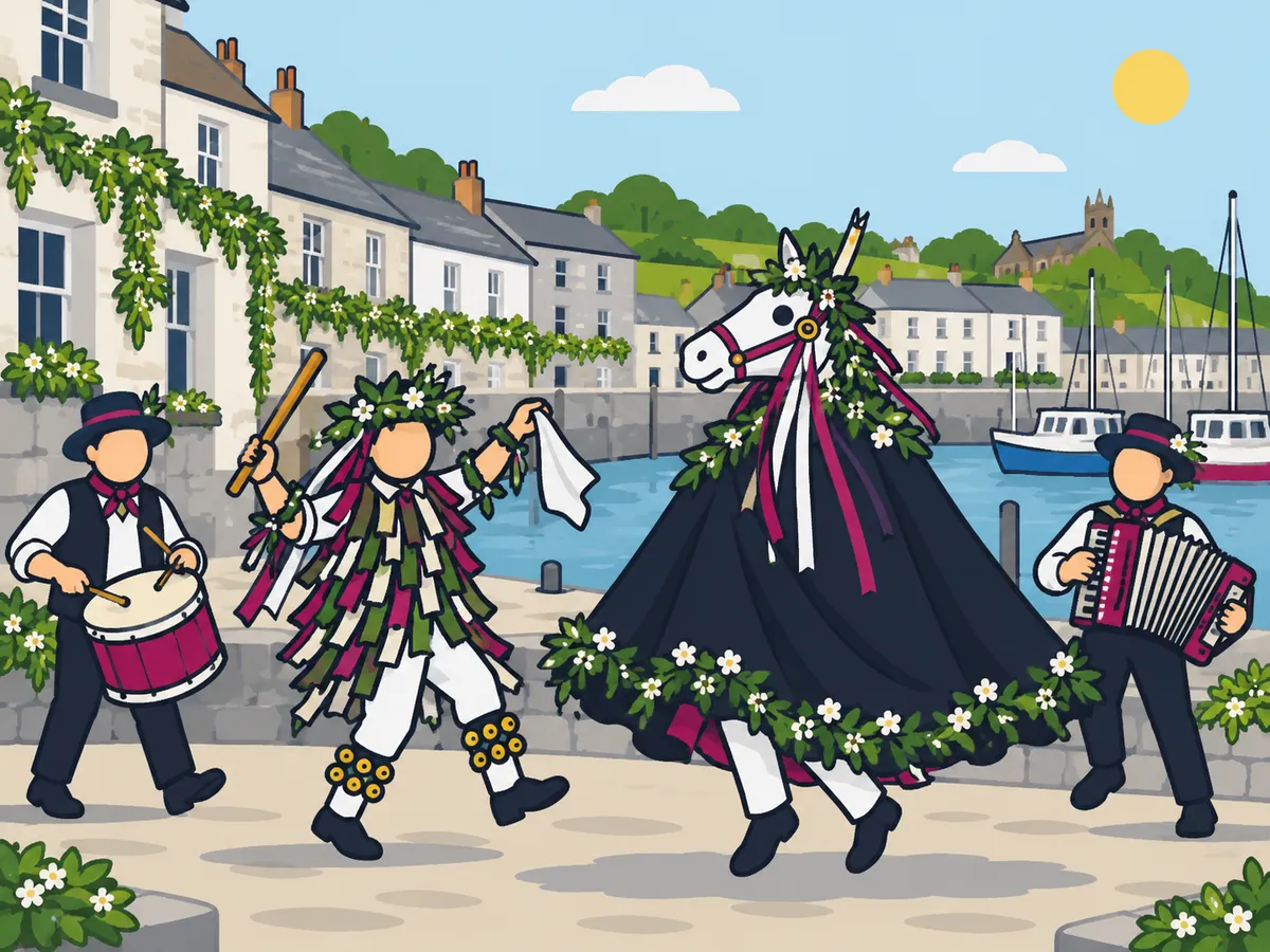 Illustration: a black-caped hobby horse dancing through a greenery-decorated harbour town