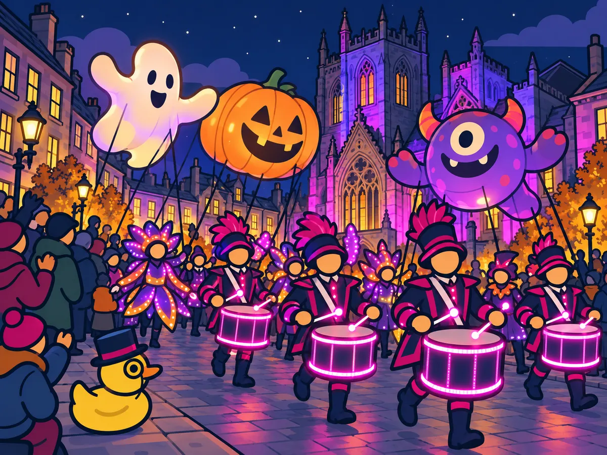 Illustration: The duck watches LED drummers, costumed performers and giant inflatable monsters parade past illuminated Paisley Abbey.