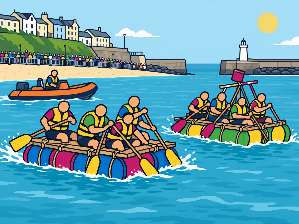 Illustration: lifejacketed crews paddling homemade barrel rafts towards Portrush Harbour
