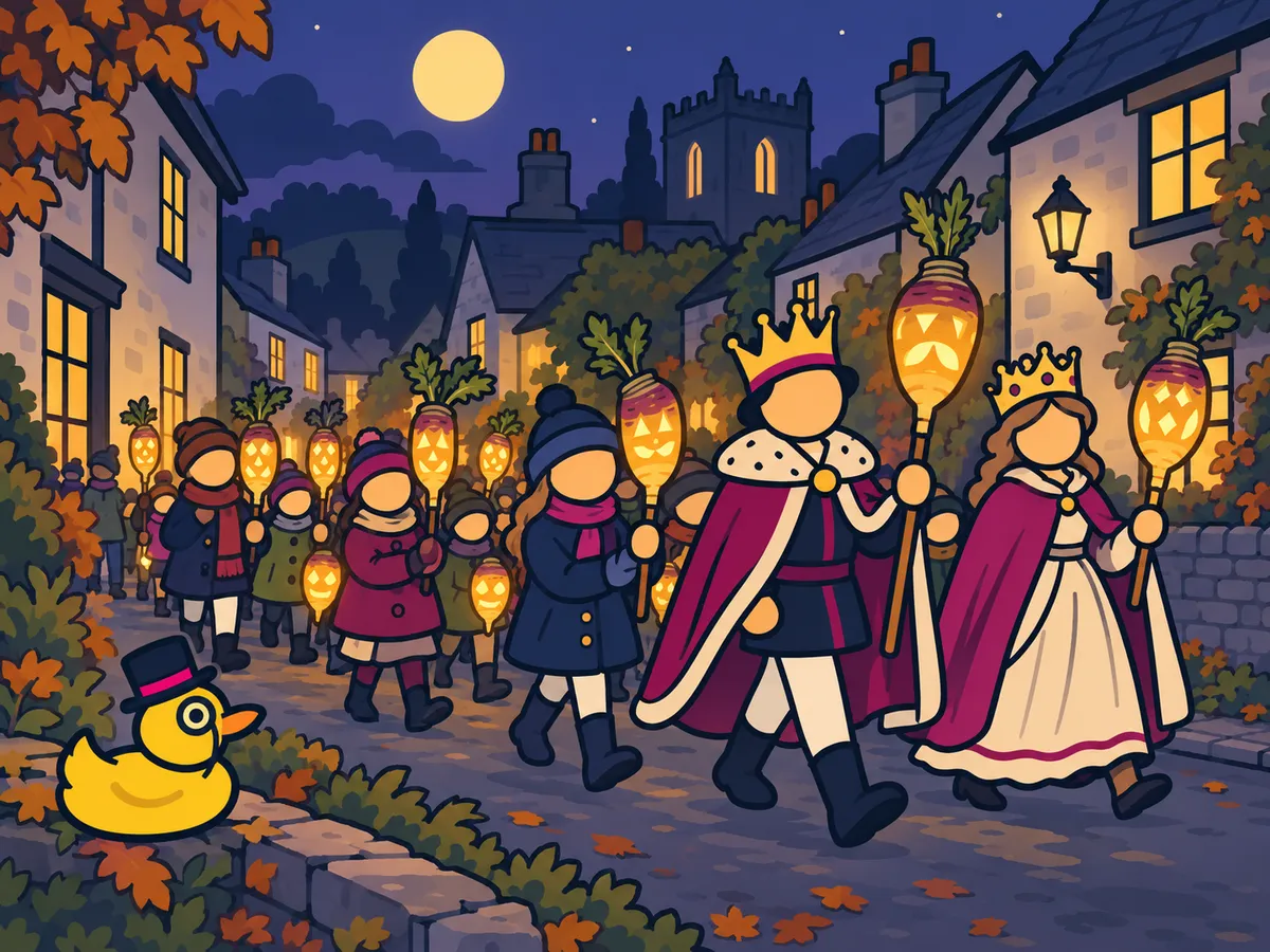 Illustration: The duck watches children carrying glowing mangold lanterns behind a Punkie King and Queen through a Somerset village.