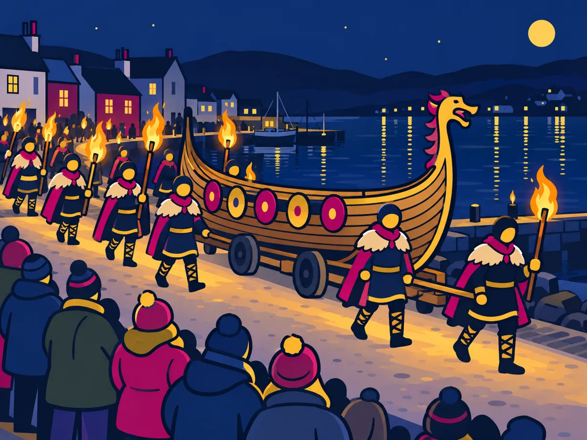Illustration: torch-bearing guizers escorting a wooden galley along Scalloway’s winter waterfront