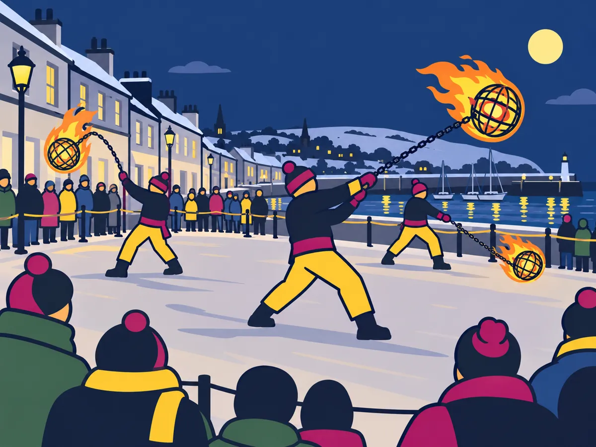Illustration: fireball swingers processing along a harbour street at midnight