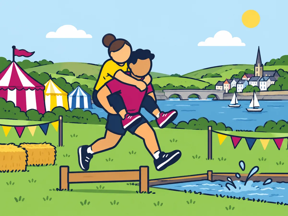Illustration: a partner-carrying pair crossing an outdoor obstacle course