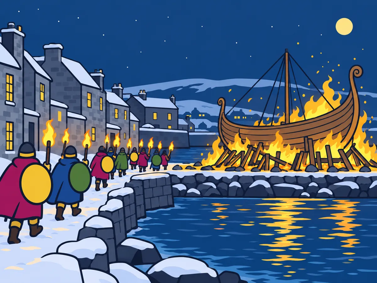 Illustration: a torchlit procession approaching a Viking galley at night