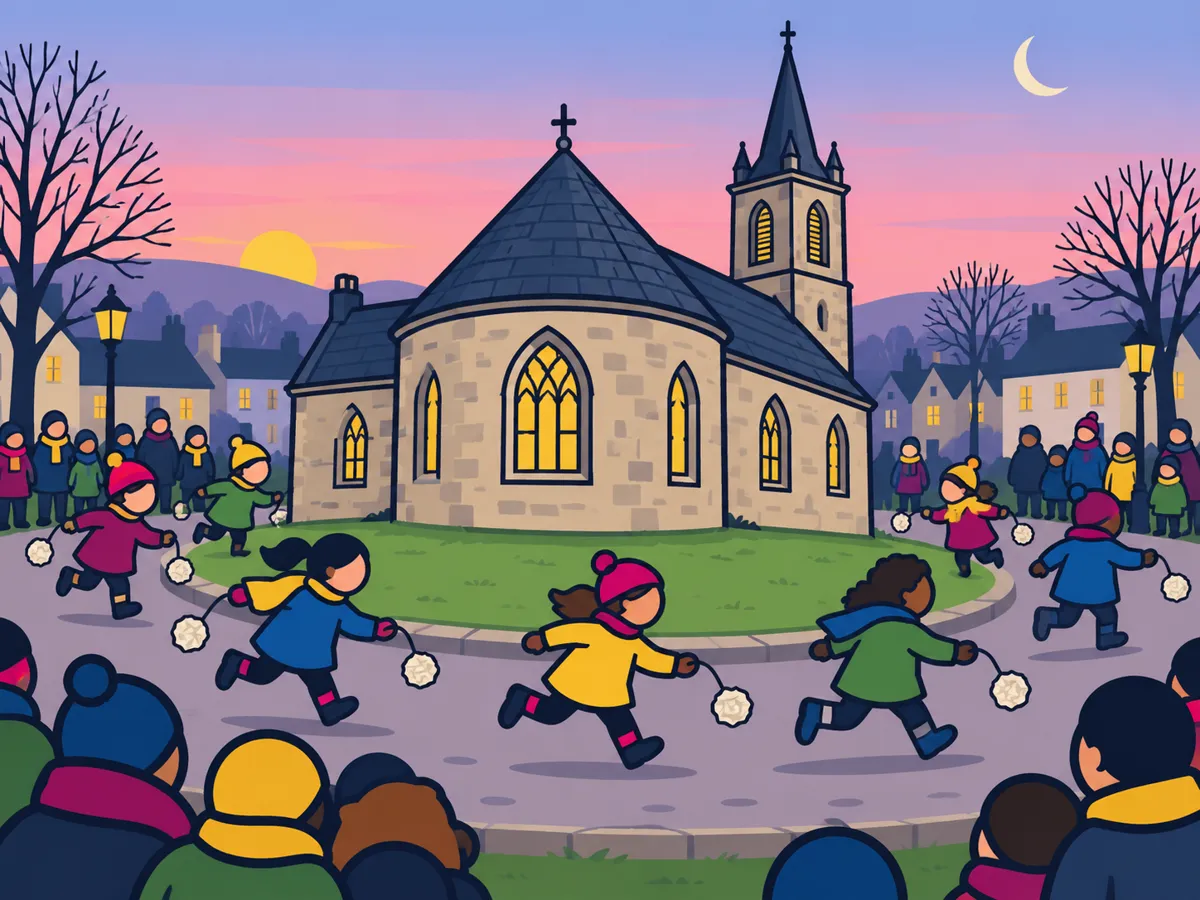 Illustration: children circling St Nicholas Kirk with paper balls on strings at dusk in Lanark