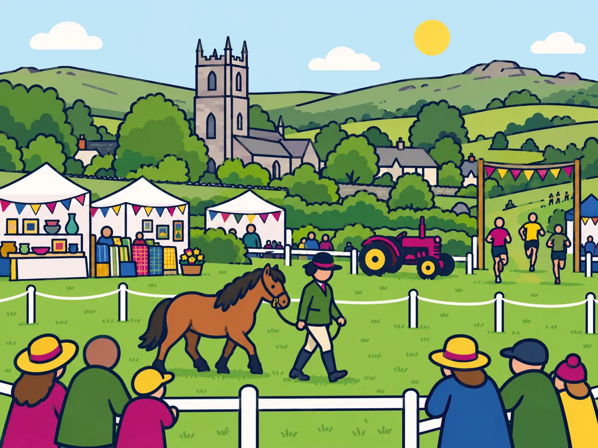 Illustration: a pony display, hillside runners and craft stalls at Widecombe’s Dartmoor fair