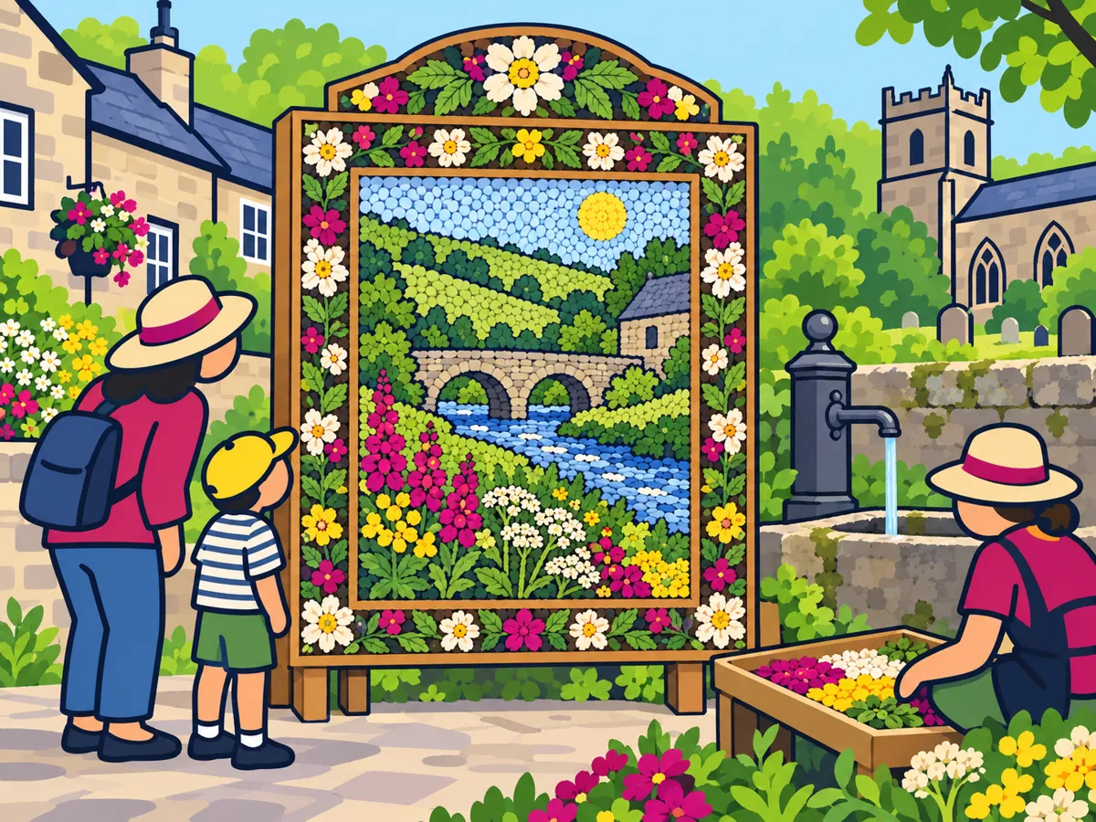 Illustration: visitors admiring a petal-and-seed landscape mosaic beside a water tap in Wirksworth