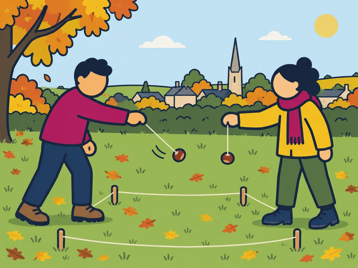 Illustration: competitors playing conkers with chestnuts on strings