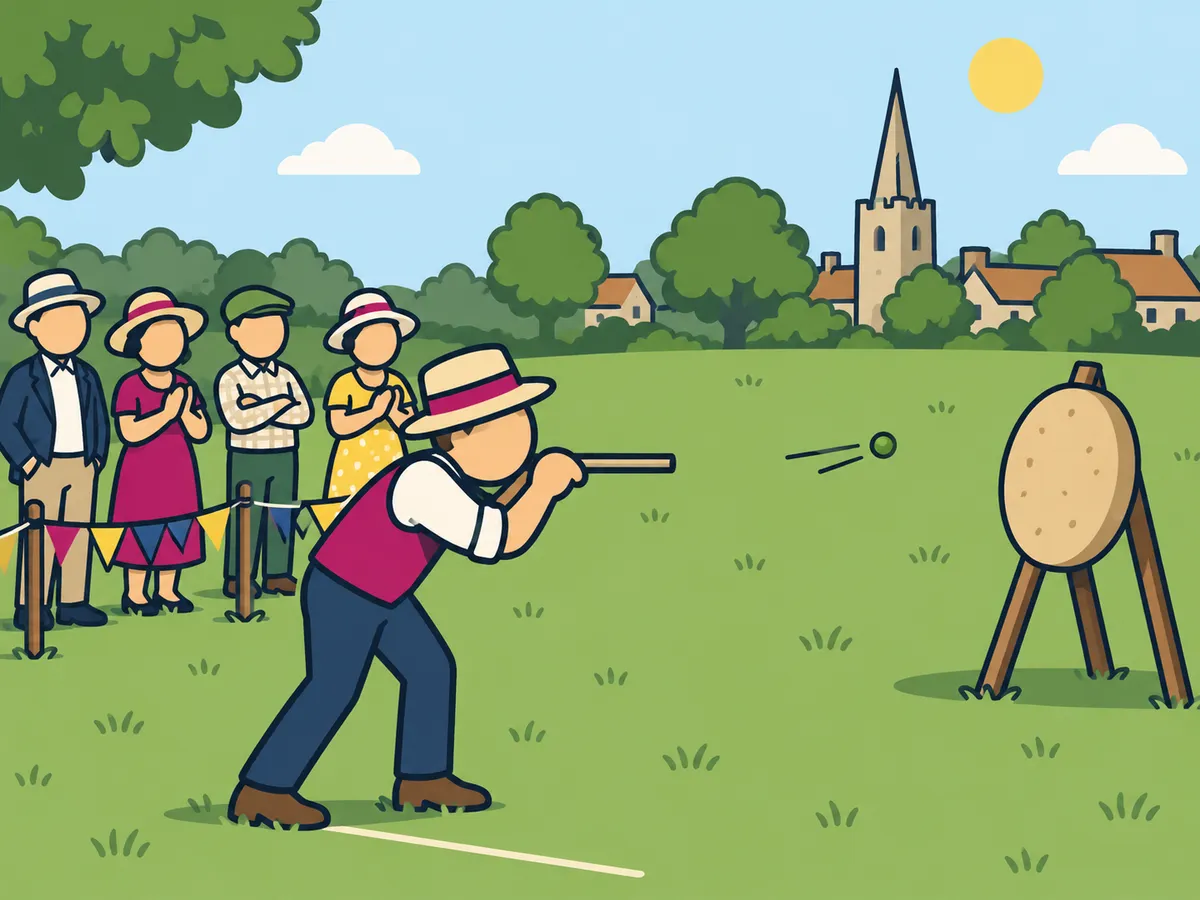 Illustration: a competitor blowing a pea through a tube towards a circular target