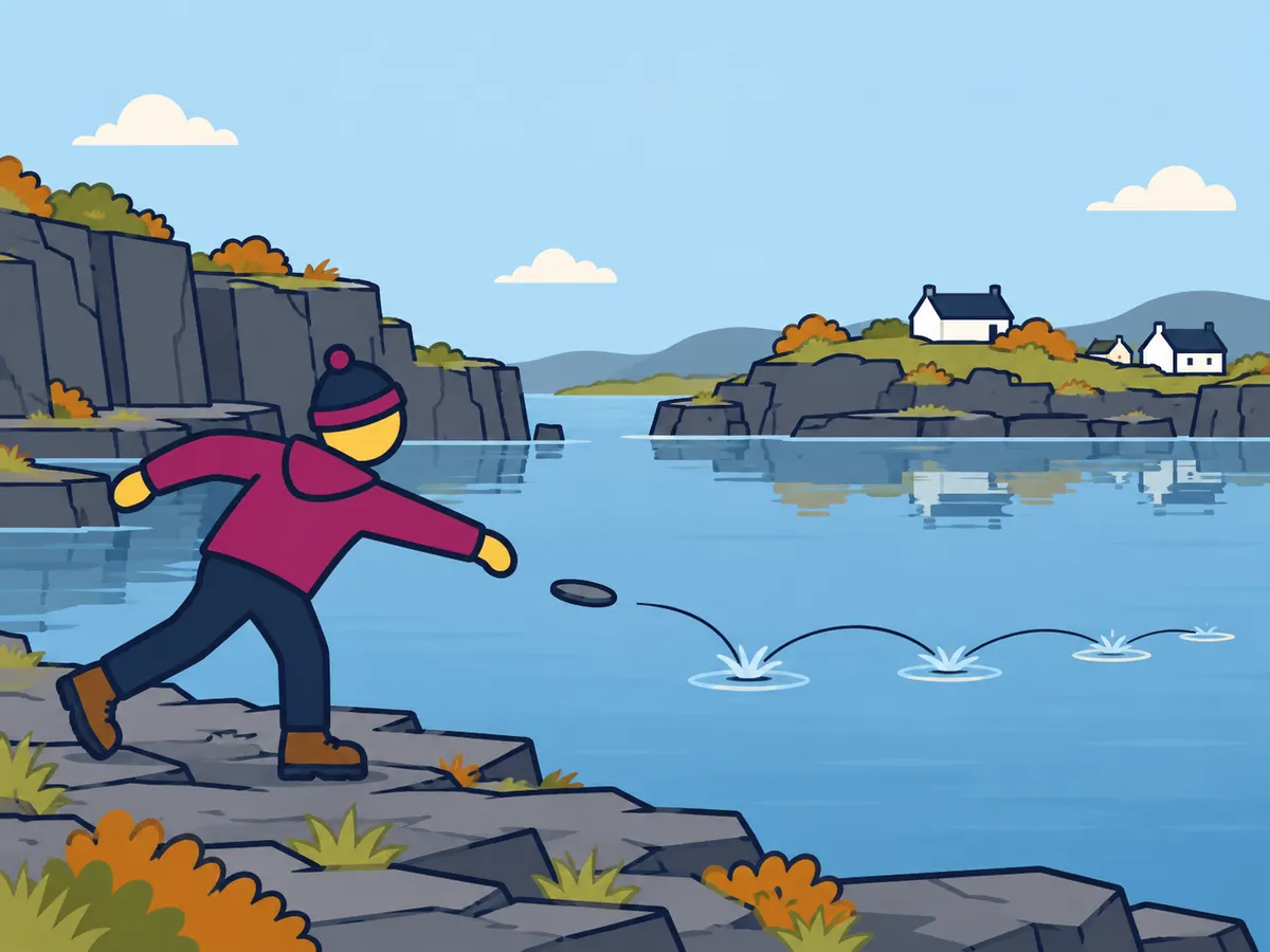 Illustration: a competitor skimming slate across a sheltered flooded quarry